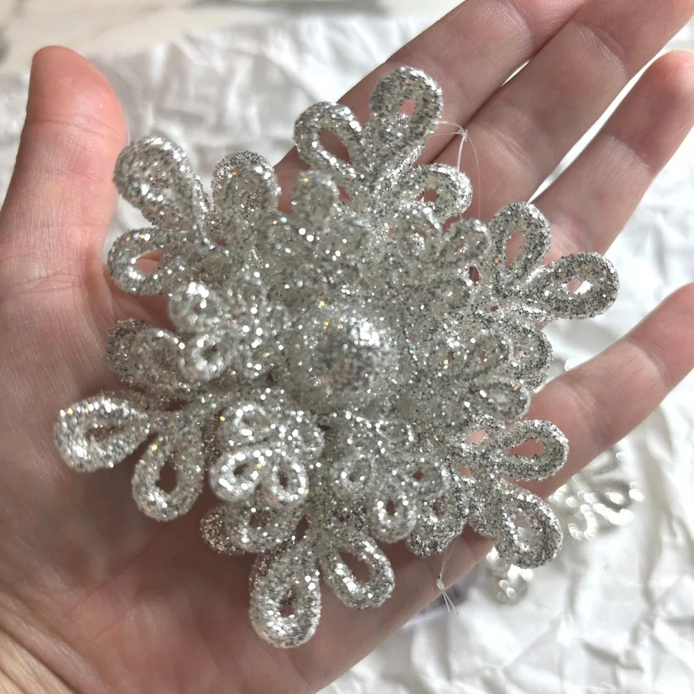 Crate & Barrel Snowflake Ornaments Set of 3 Silver NEW Glitter Dimensional 3in